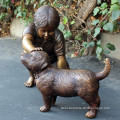 Fine Workmanship Life Size Bronze Child Boy and Dog Statue Sculpture